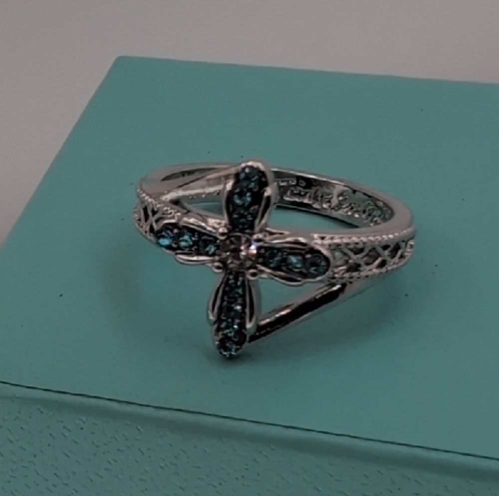 Elegant Silver & Blue Gemstone Cross Ring "With God All Things Are Possible" 8